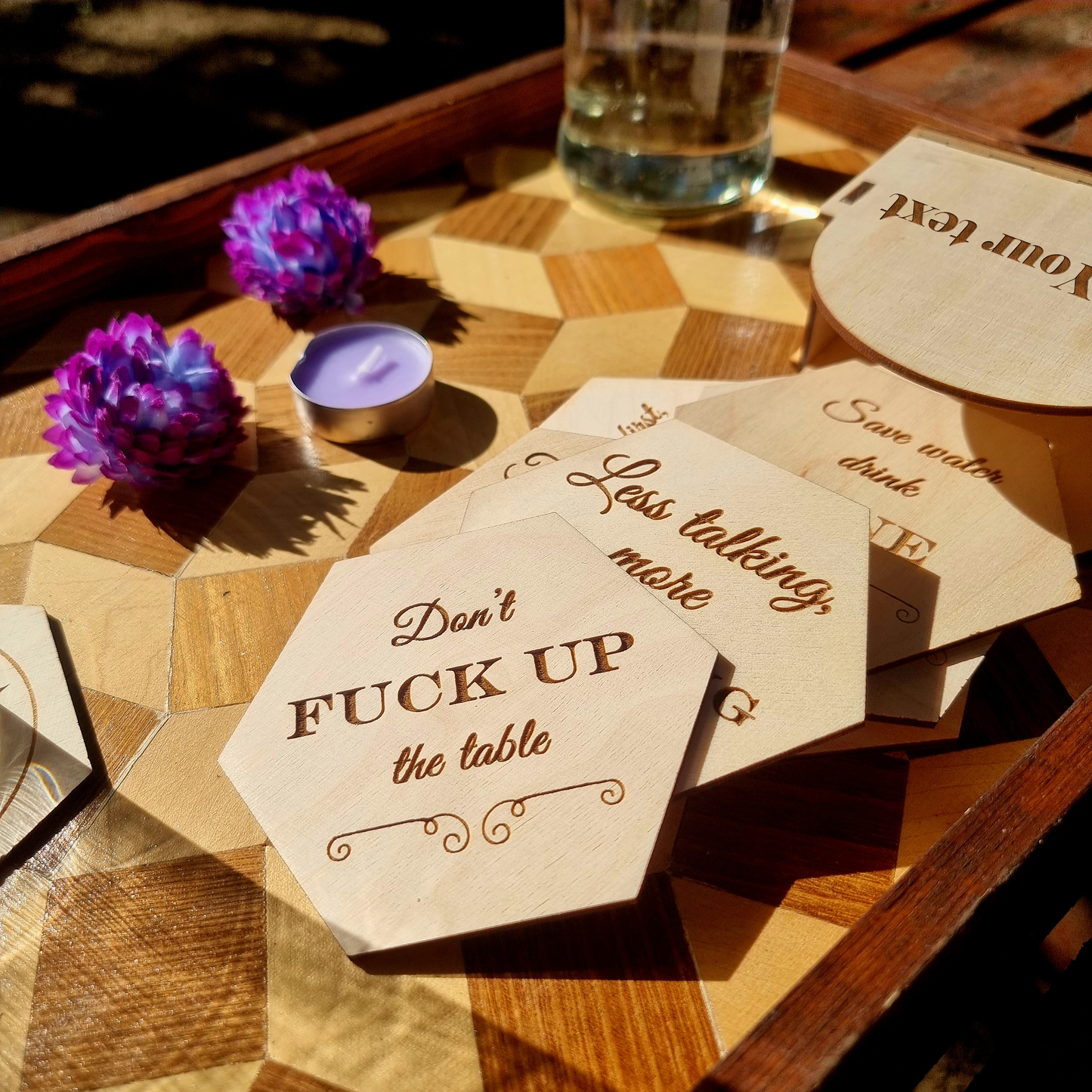 Funny Wooden Coaster Set With Sarcastic Quotes