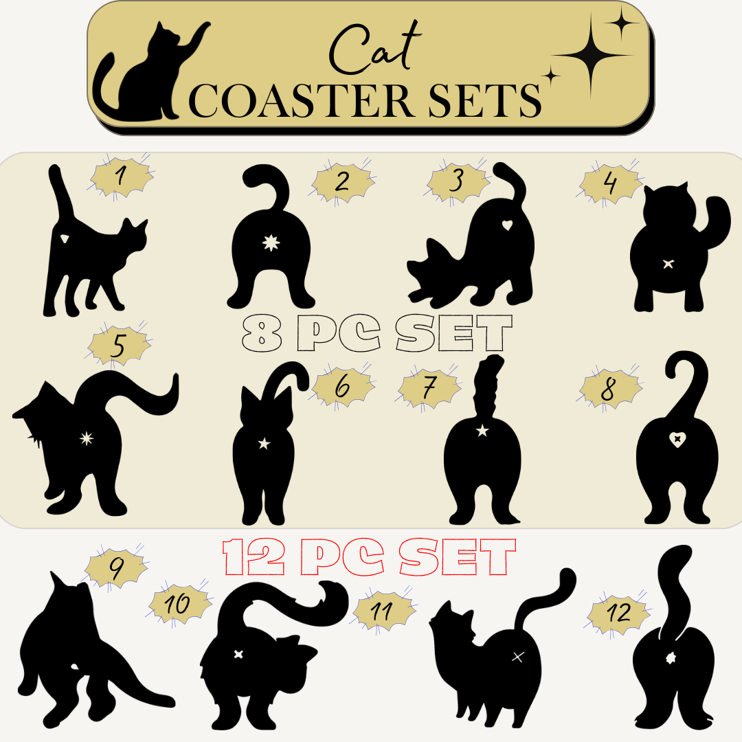 Set of Funny Cat Shaped Coasters - Wooden Coasters (8,12 pieces)