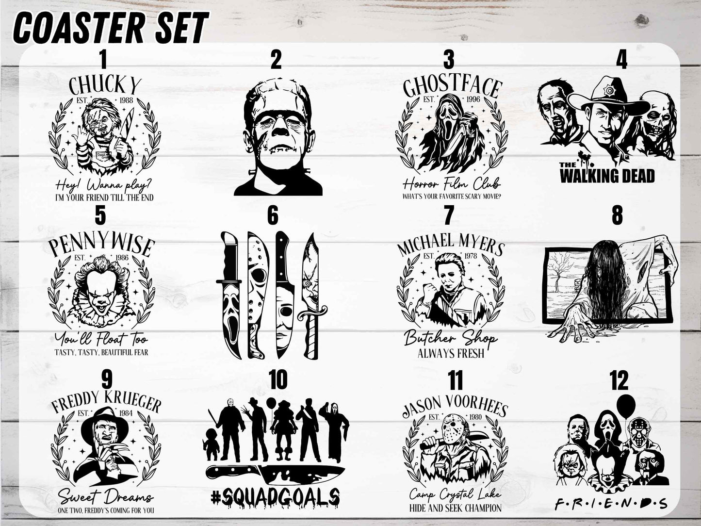 Halloween Coaster Set with Horror Movies Engraved - Halloween Party Decor - Cool Gift for Halloween