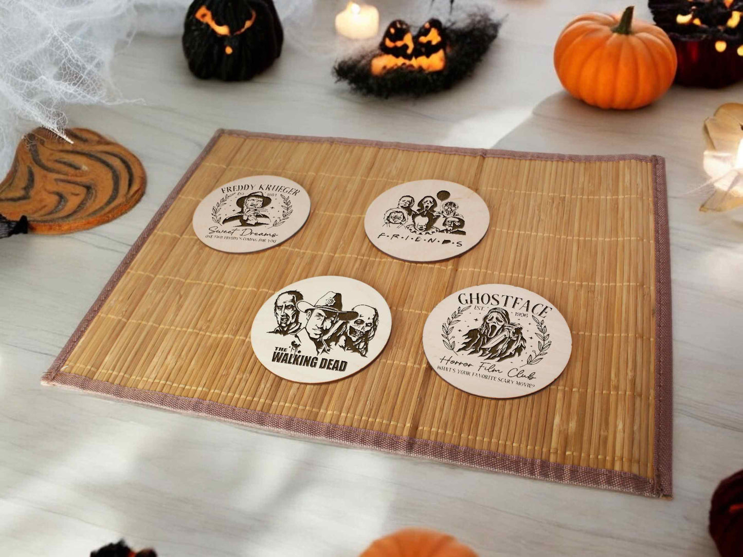 Halloween Coaster Set with Horror Movies Engraved - Halloween Party Decor - Cool Gift for Halloween