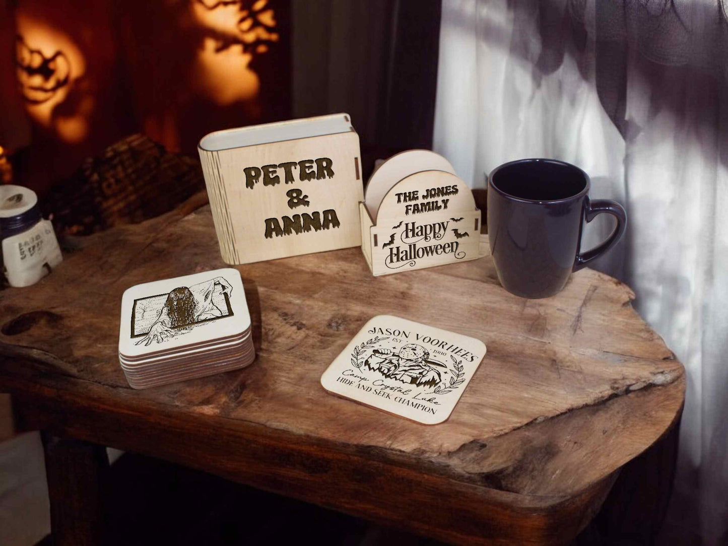 Halloween Coaster Set with Horror Movies Engraved - Halloween Party Decor - Cool Gift for Halloween