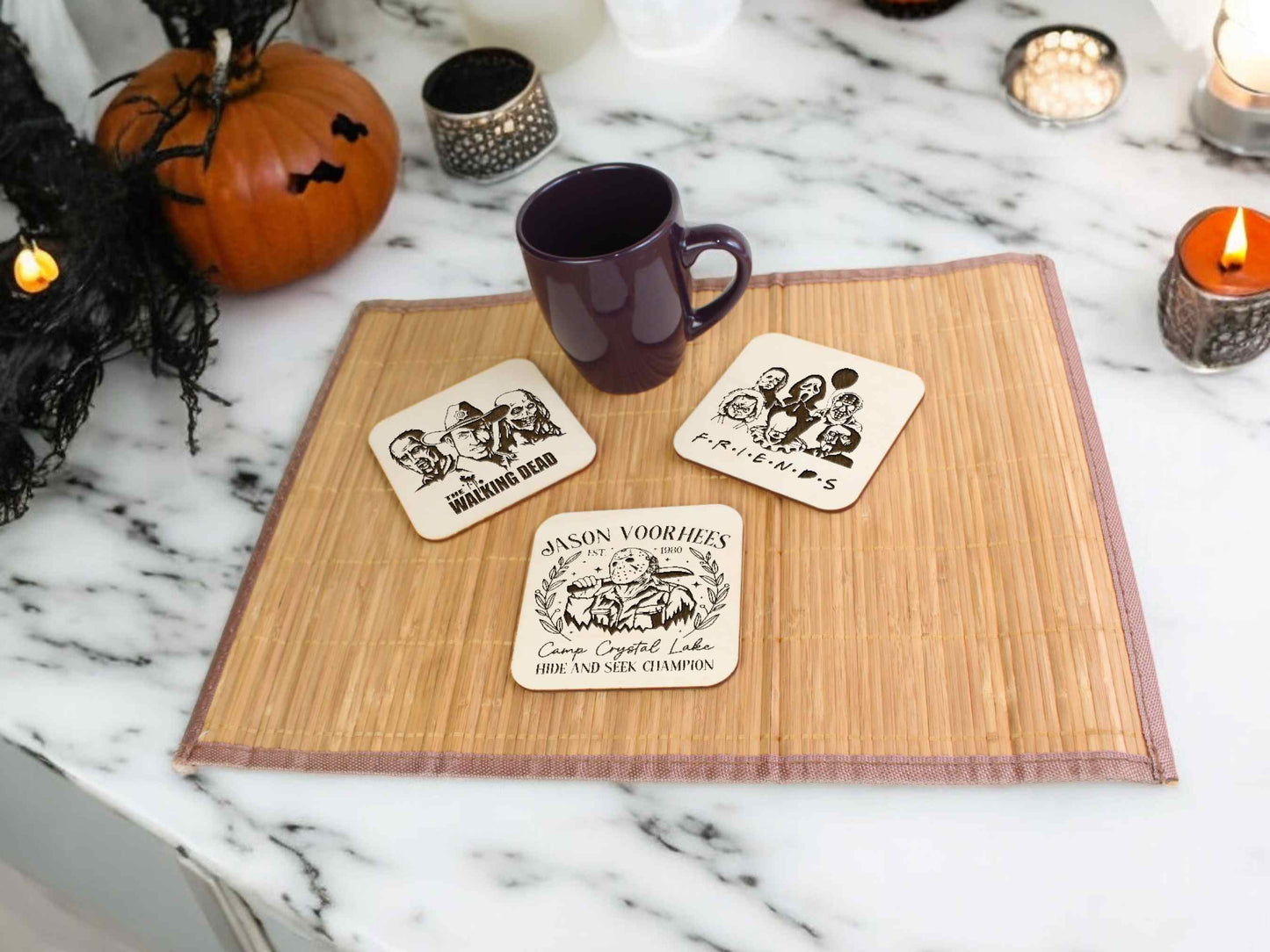 Halloween Coaster Set with Horror Movies Engraved - Halloween Party Decor - Cool Gift for Halloween