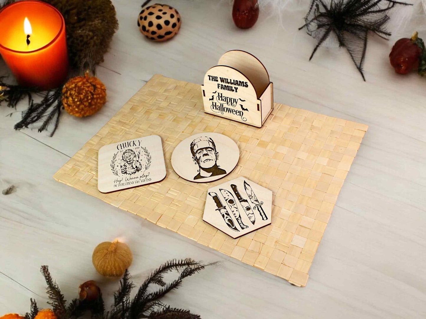 Halloween Coaster Set with Horror Movies Engraved - Halloween Party Decor - Cool Gift for Halloween