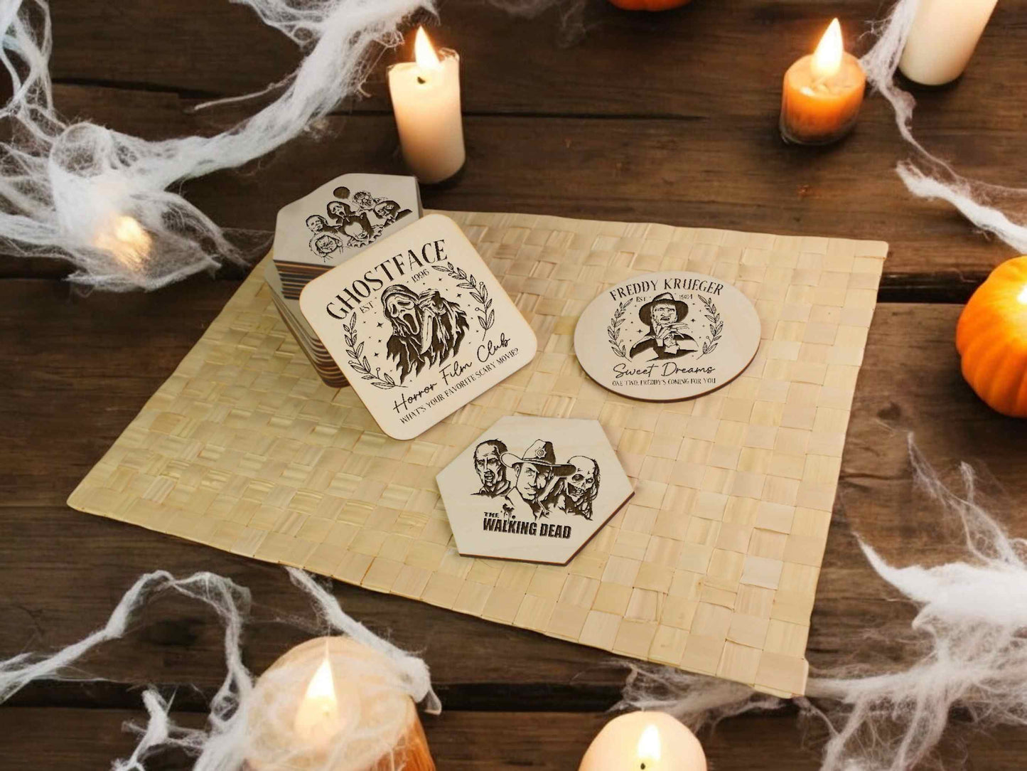 Halloween Coaster Set with Horror Movies Engraved - Halloween Party Decor - Cool Gift for Halloween