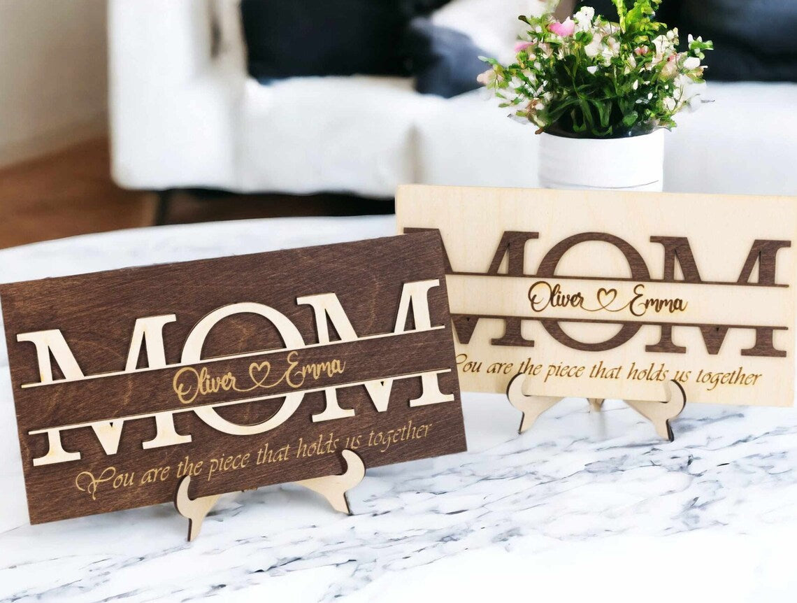 Custom 'MOM' Engraved Wooden Sign with Stand - Personalized Tabletop Decor