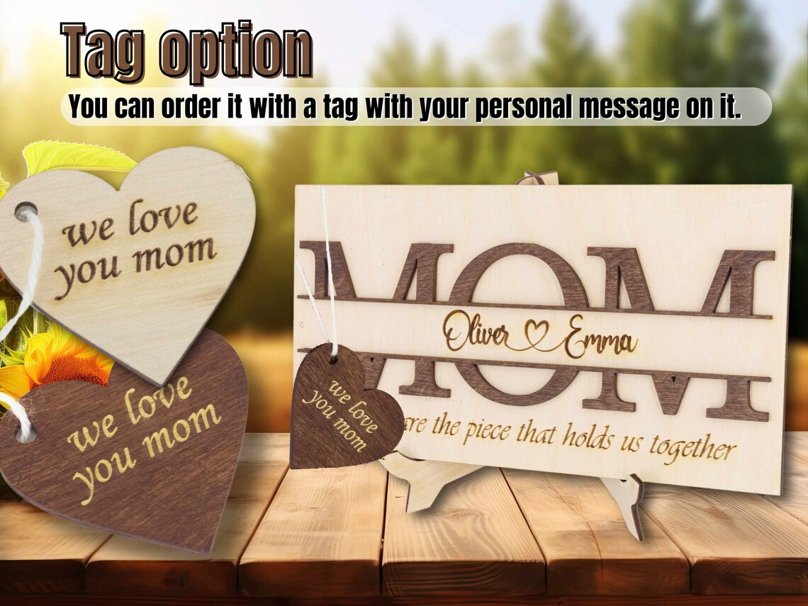Custom 'MOM' Engraved Wooden Sign with Stand - Personalized Tabletop Decor