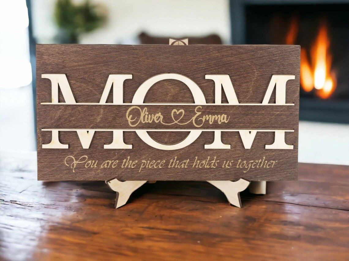 Custom 'MOM' Engraved Wooden Sign with Stand - Personalized Tabletop Decor