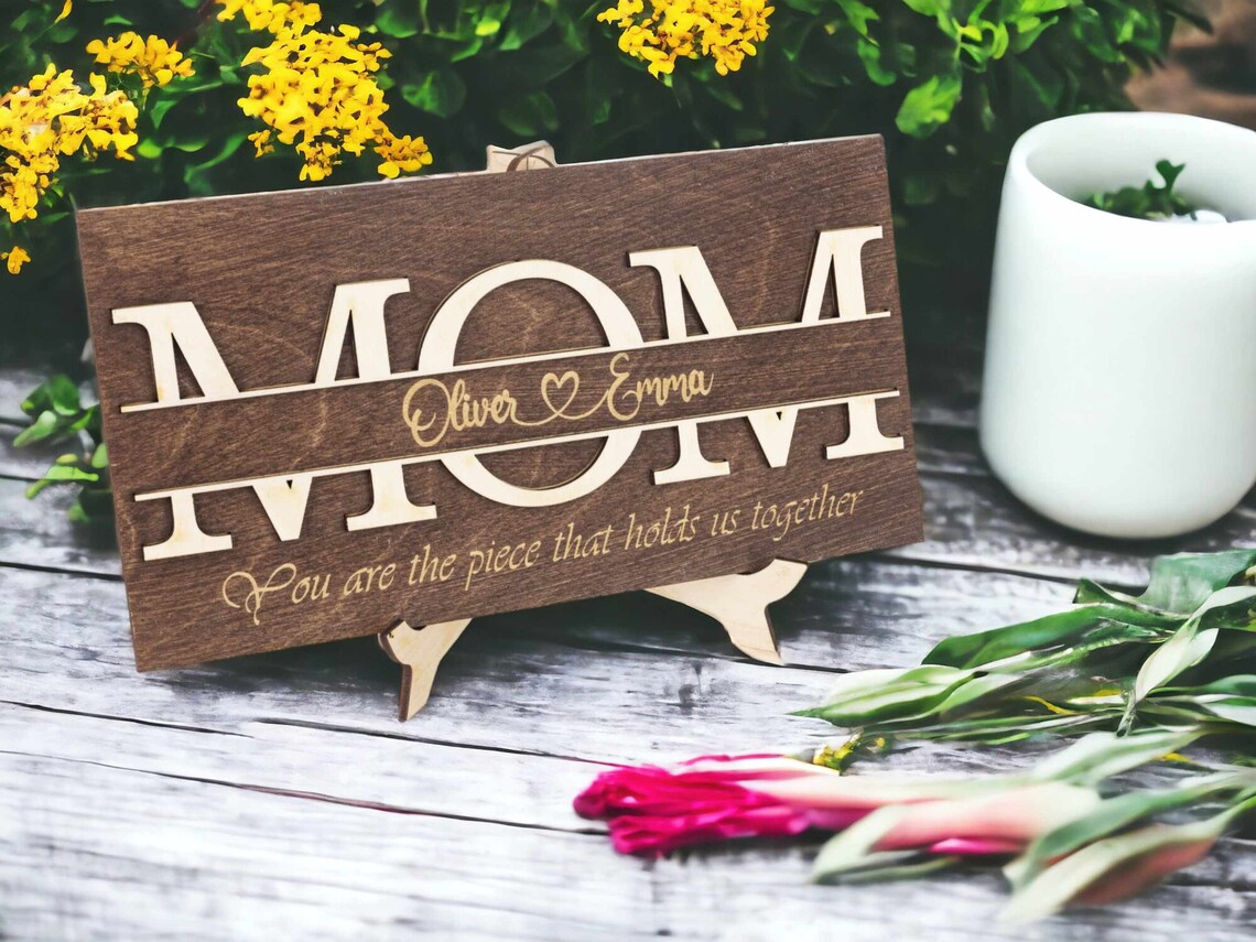 Custom 'MOM' Engraved Wooden Sign with Stand - Personalized Tabletop Decor