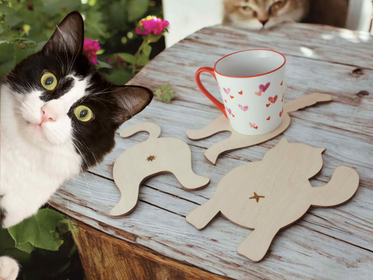 Set of Funny Cat Shaped Coasters - Wooden Coasters (8,12 pieces)