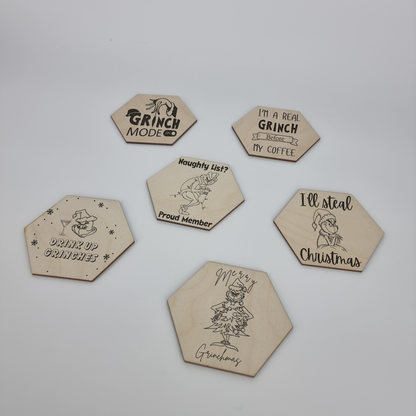 Grinch Wooden Coaster Set (6) – Add Holiday Fun to Your Table! 🎄✨