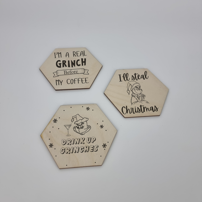 Grinch Wooden Coaster Set (6) – Add Holiday Fun to Your Table! 🎄✨