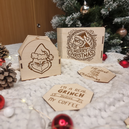 Grinch Wooden Coaster Set (6) – Add Holiday Fun to Your Table! 🎄✨