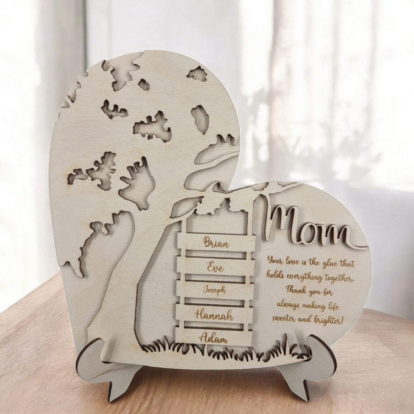 Personalized Wooden Mom Sign with Kids' Names - Custom Heart Tree Plaque