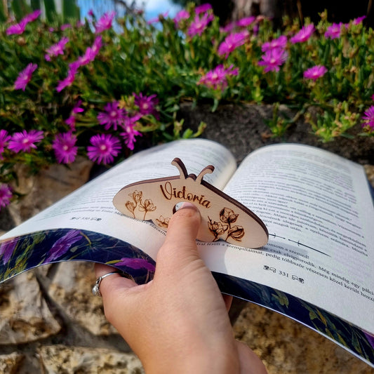 Personalized Moth Page Holder & Custom Wooden Bookmark Set