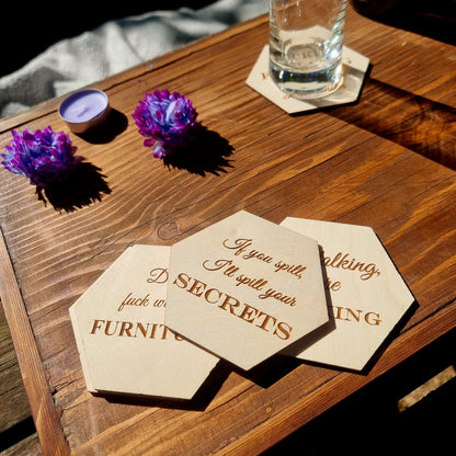 Funny Wooden Coaster Set With Sarcastic Quotes