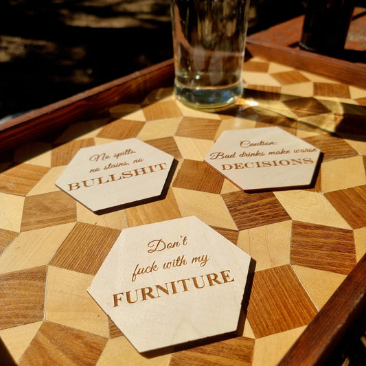 Funny Wooden Coaster Set With Sarcastic Quotes
