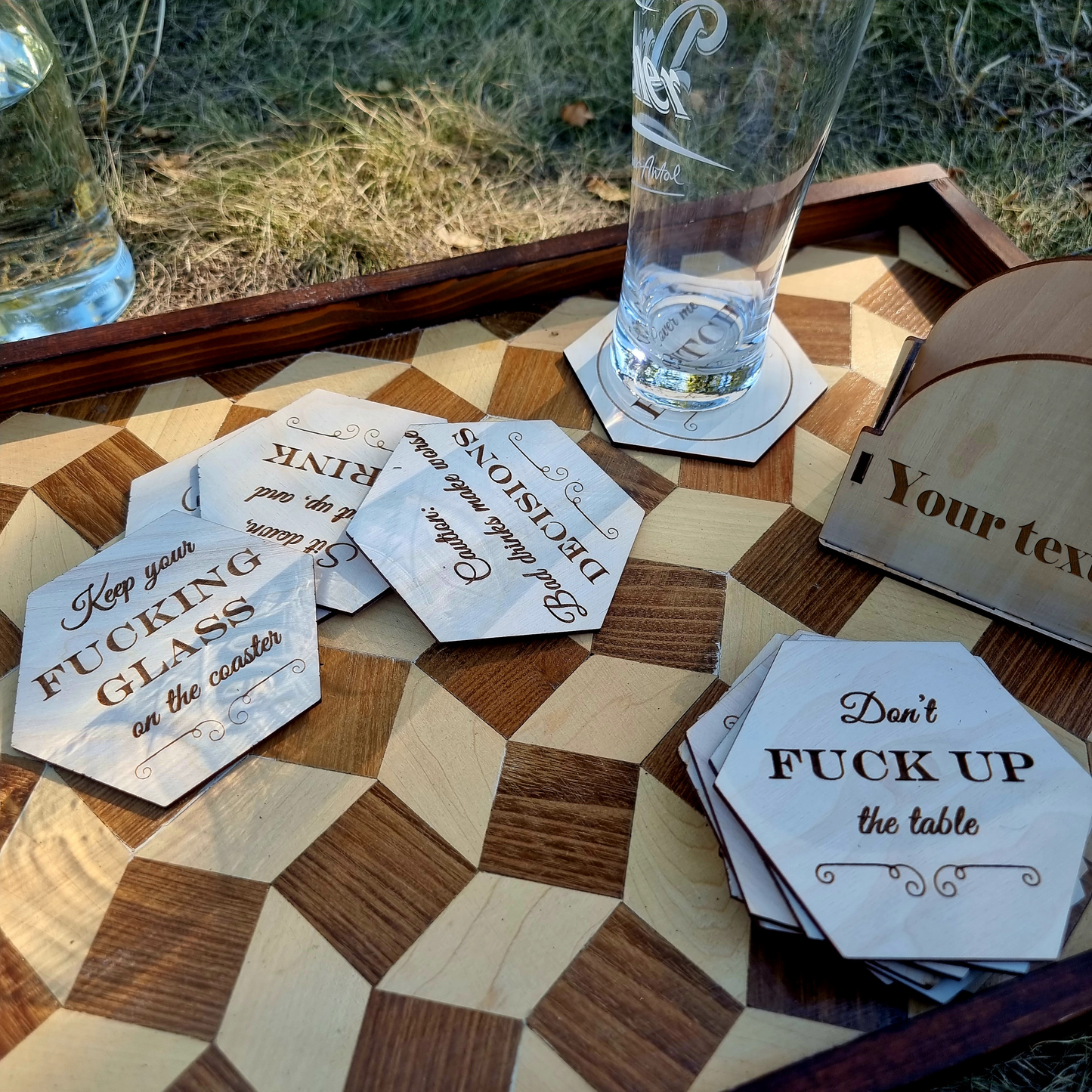 Funny Wooden Coaster Set With Sarcastic Quotes
