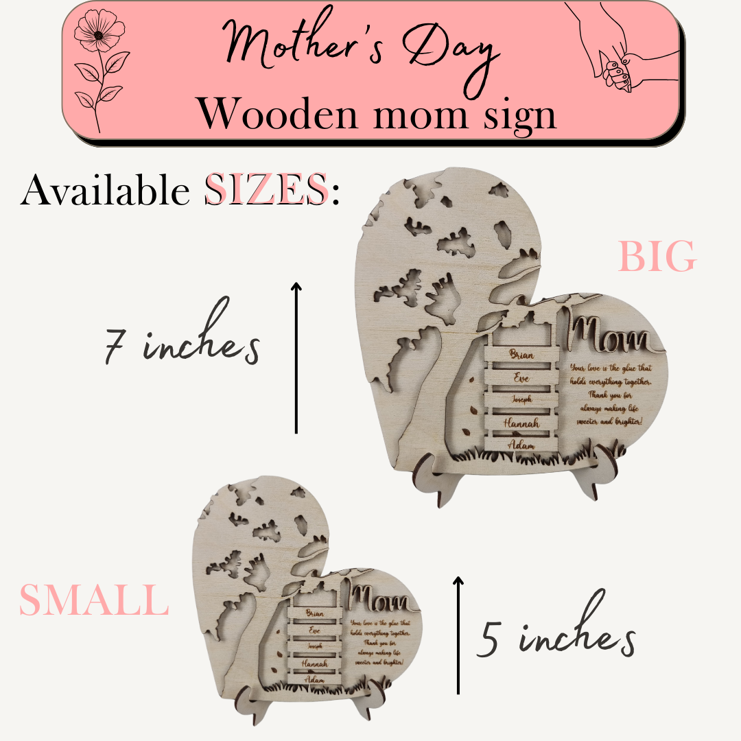 Personalized Wooden Mom Sign with Kids' Names - Custom Heart Tree Plaque