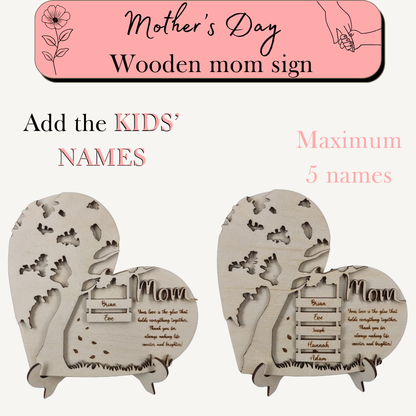 Personalized Wooden Mom Sign with Kids' Names - Custom Heart Tree Plaque