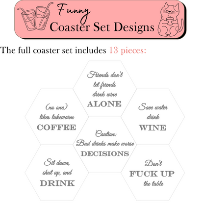 Funny Wooden Coaster Set With Sarcastic Quotes