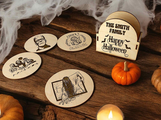 Halloween Coaster Set with Horror Movies Engraved - Halloween Party Decor - Cool Gift for Halloween