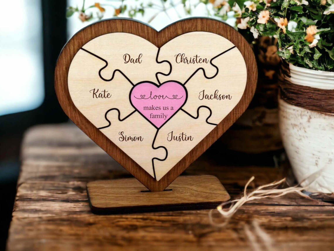 Personalized Heart Puzzle Desk Plaque - Custom Family Names Wooden Decor