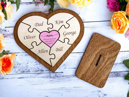 Personalized Heart Puzzle Desk Plaque - Custom Family Names Wooden Decor