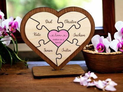 Personalized Heart Puzzle Desk Plaque - Custom Family Names Wooden Decor