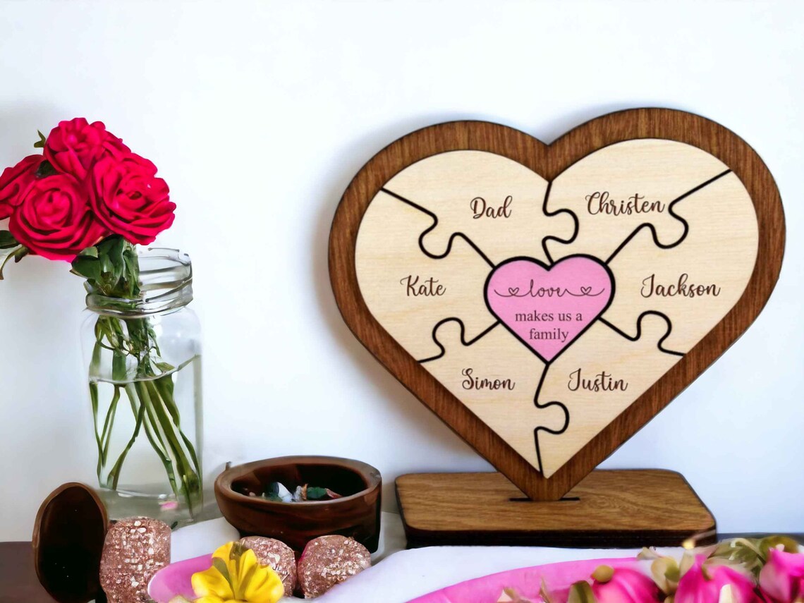 Personalized Heart Puzzle Desk Plaque - Custom Family Names Wooden Decor