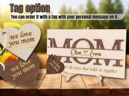 Custom 'MOM' Engraved Wooden Sign with Stand - Personalized Tabletop Decor