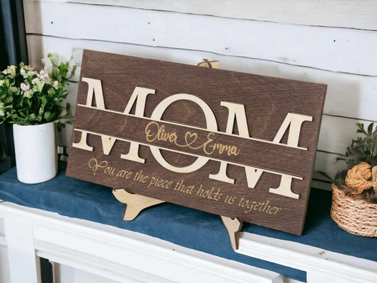 Custom 'MOM' Engraved Wooden Sign with Stand - Personalized Tabletop Decor