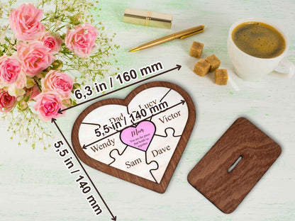 Personalized Heart Puzzle Desk Plaque - Custom Family Names Wooden Decor