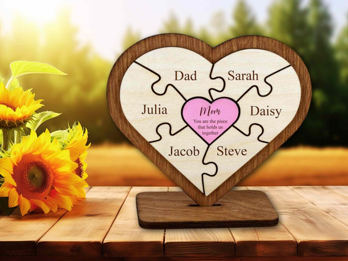 Personalized Heart Puzzle Desk Plaque - Custom Family Names Wooden Decor