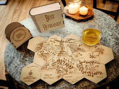 LOTR inspired Middle-earth Map Coasters Set Puzzle Lotr Gift Engraved with Personalized Holder