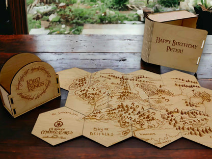 LOTR inspired Middle-earth Map Coasters Set Puzzle Lotr Gift Engraved with Personalized Holder