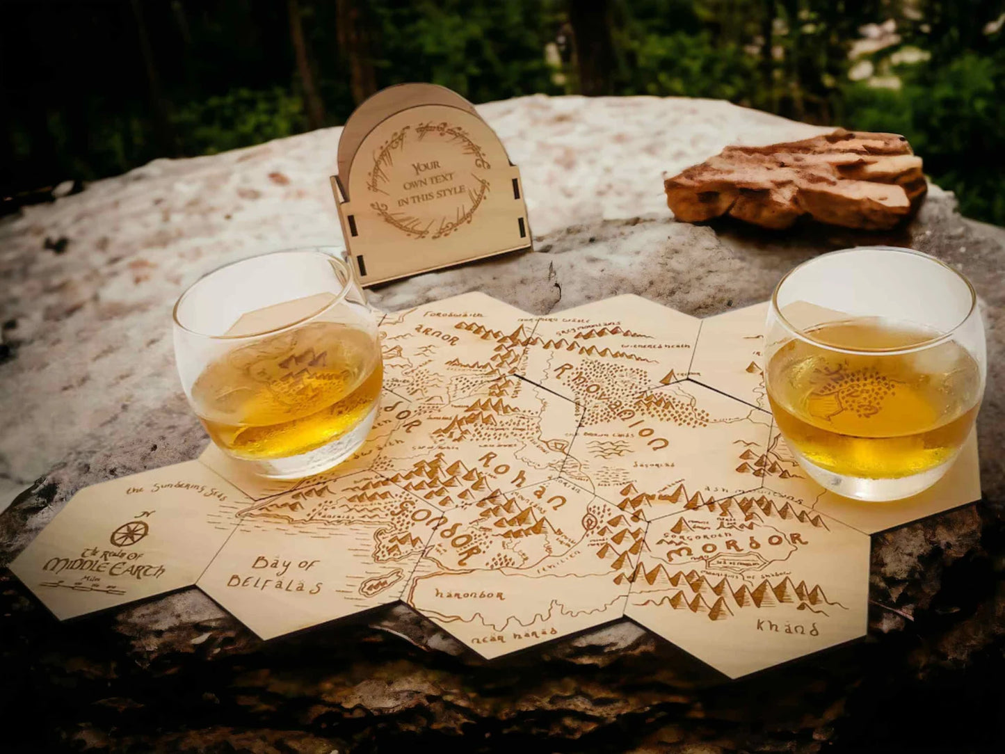 LOTR inspired Middle-earth Map Coasters Set Puzzle Lotr Gift Engraved with Personalized Holder