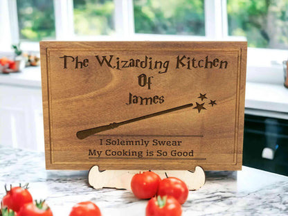 Personalized Wizard Cutting Board – Custom Engraved Quote “Eat You Will Feel Better” Magic Kitchen Gift