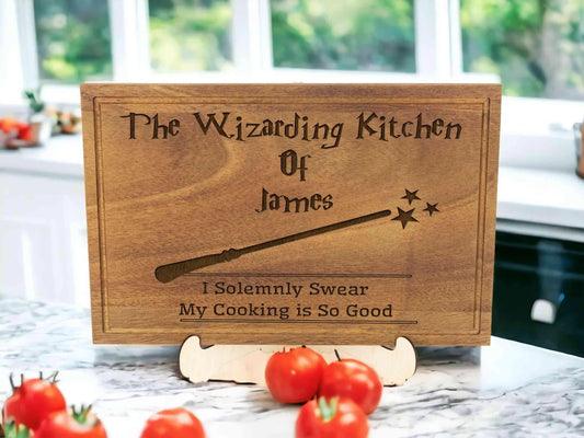 Personalized Wizard Cutting Board – Custom Engraved Quote “Eat You Will Feel Better” Magic Kitchen Gift