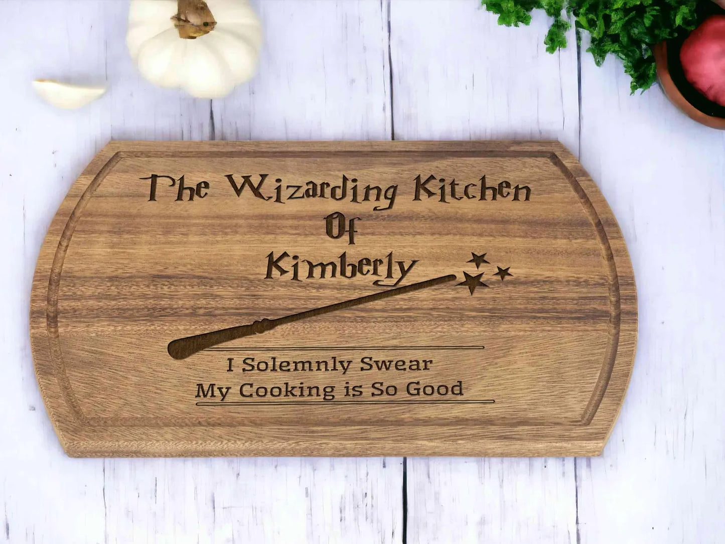 Personalized Wizard Cutting Board – Custom Engraved Quote “Eat You Will Feel Better” Magic Kitchen Gift