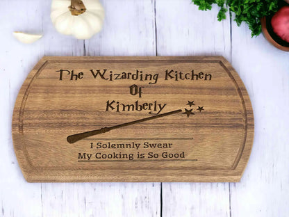 Personalized Wizard Cutting Board – Custom Engraved Quote “Eat You Will Feel Better” Magic Kitchen Gift