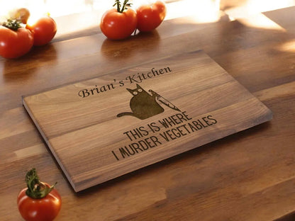 Funny 'This is where I murder vegetables' Engraved Cutting Board Personalized Hilarious Gift for Cat Lovers Kitchen Decor Gifts for Birthday