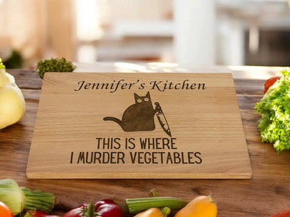 Funny 'This is where I murder vegetables' Engraved Cutting Board Personalized Hilarious Gift for Cat Lovers Kitchen Decor Gifts for Birthday