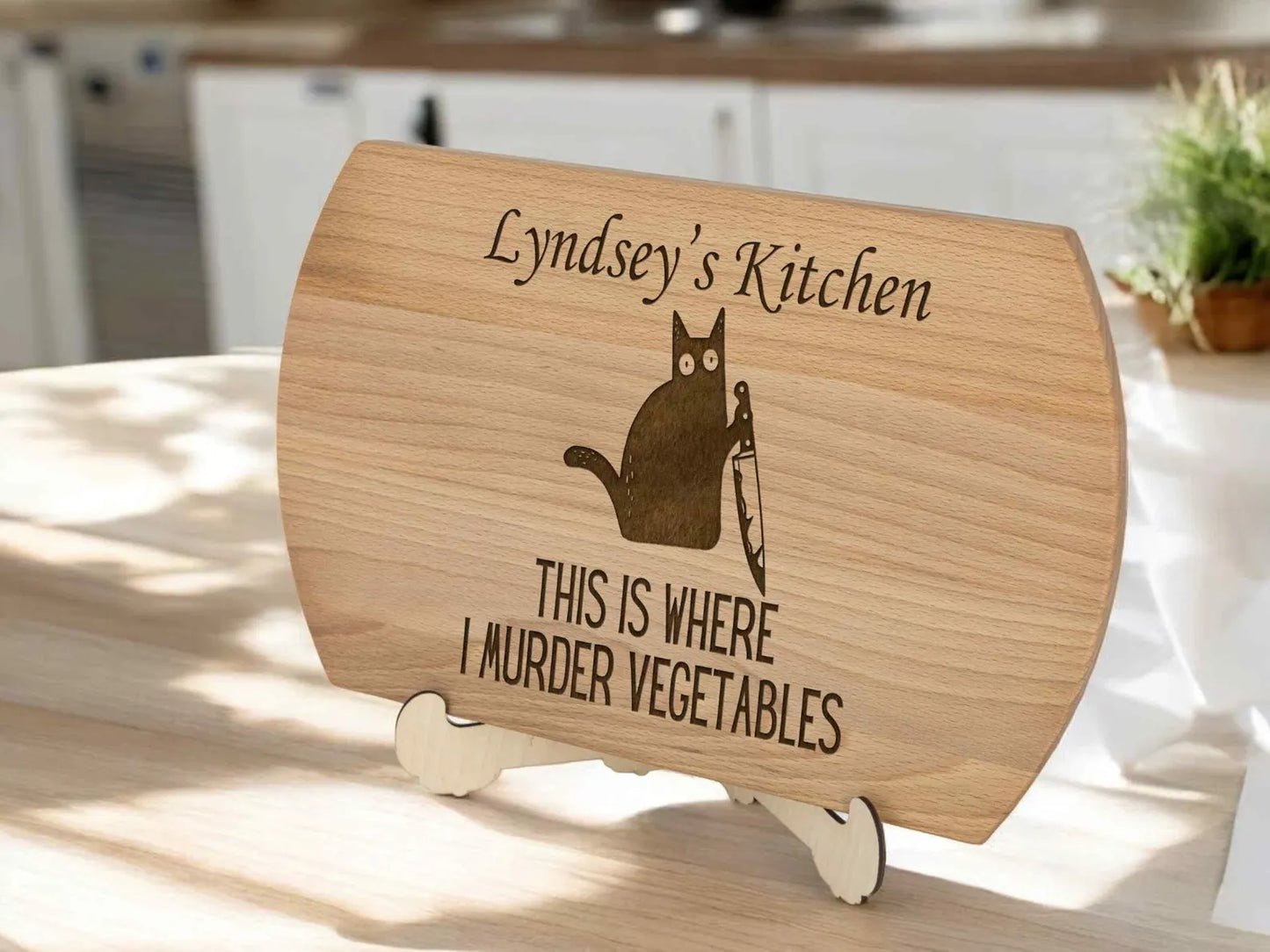 Funny 'This is where I murder vegetables' Engraved Cutting Board Personalized Hilarious Gift for Cat Lovers Kitchen Decor Gifts for Birthday