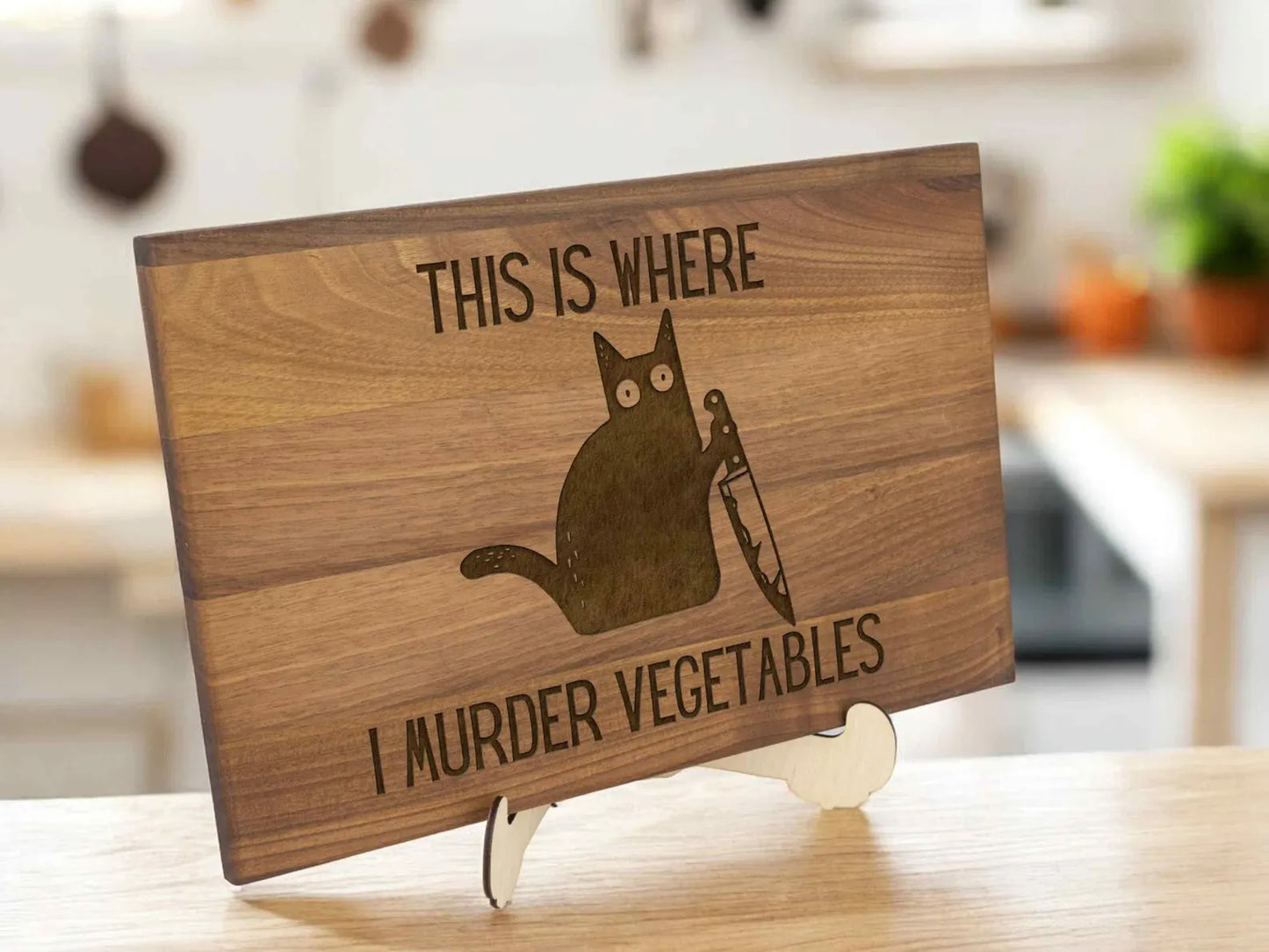 Funny 'This is where I murder vegetables' Engraved Cutting Board Personalized Hilarious Gift for Cat Lovers Kitchen Decor Gifts for Birthday