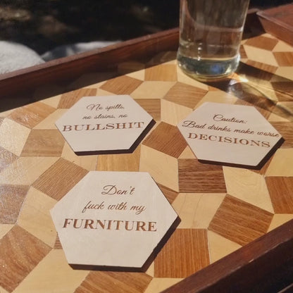 Funny Wooden Coaster Set With Sarcastic Quotes