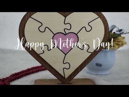 Personalized Heart Puzzle Desk Plaque - Custom Family Names Wooden Decor